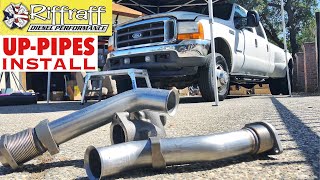 2001 F350 73  RiffRaff UpPipes Install  Stock up pipes leaking and falling apart JUNK SP [upl. by Ahsimaj315]